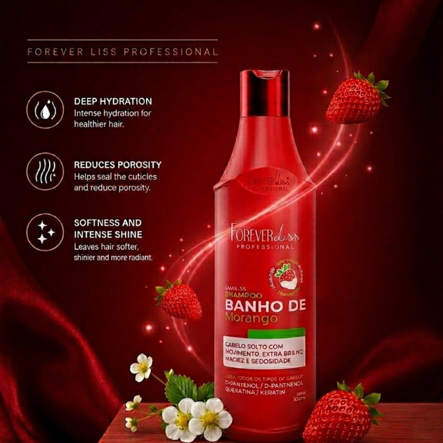 Luminous and healthy hair results after washing with Forever Liss Banho de Verniz Morango shampoo – Buy now at MKPBR.COM – Worldwide Shipping