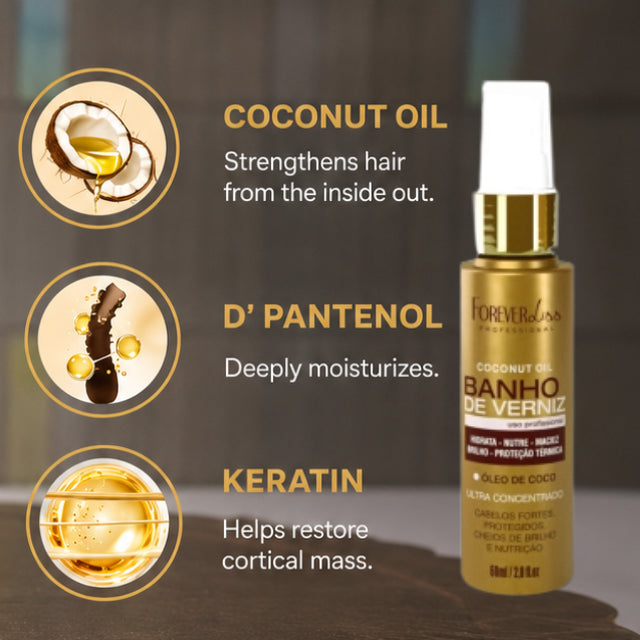 Key ingredients of Banho de Verniz oil including Coconut Oil and Hydrolyzed Keratin – Buy now at MKPBR.COM – Worldwide Shipping
