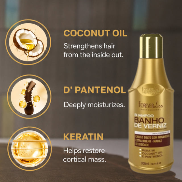 Key ingredients of Banho de Verniz shampoo including Coconut Oil and Keratin – Buy now at MKPBR.COM – Worldwide Shipping
