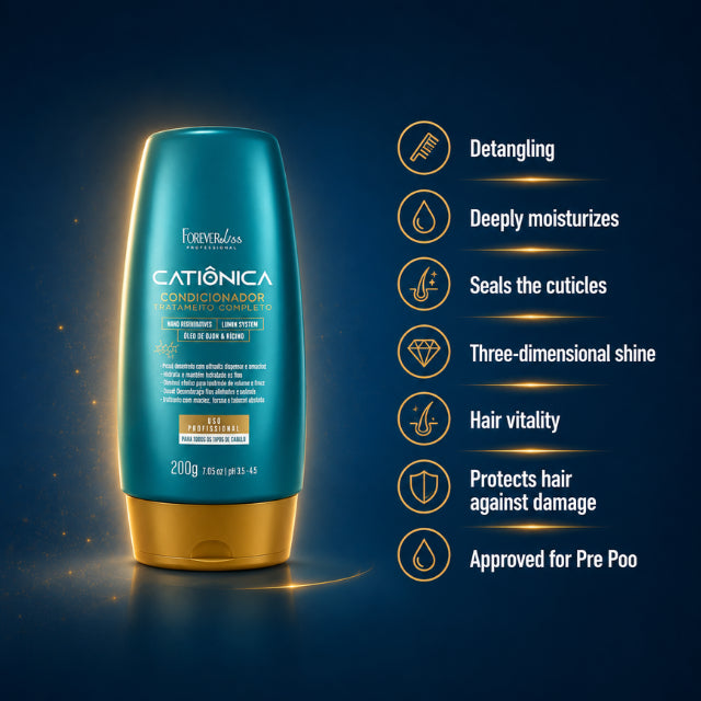 Close-up of Forever Liss Catiônica 200g conditioner packaging and label – Buy now at MKPBR.COM – Worldwide Shipping
