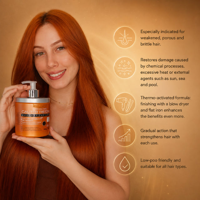 Reconstructed and healthy hair results after using Forever Liss Cauter Restore mask – Buy now at MKPBR.COM – Worldwide Shipping