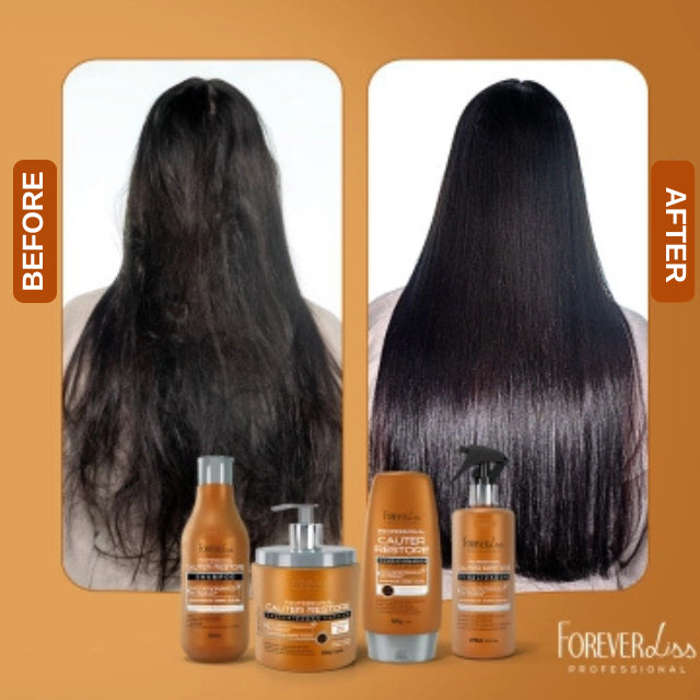 Reconstructed and healthy hair results after using Forever Liss Cauter Restore mask – Buy now at MKPBR.COM – Worldwide Shipping