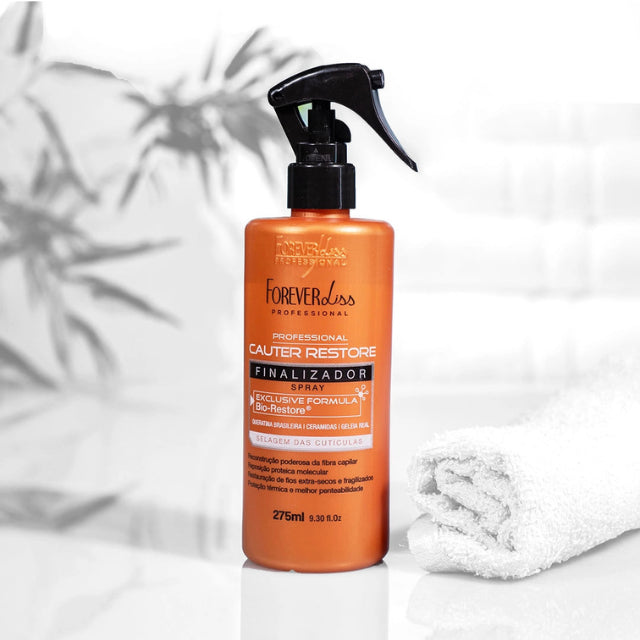 Close-up of Forever Liss Cauter Restore 275ml finishing spray packaging and label – Buy now at MKPBR.COM – Worldwide Shipping