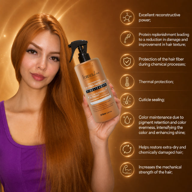 Fine mist texture of Forever Liss Cauter Restore finishing spray for hair reconstruction – Buy now at MKPBR.COM – Worldwide Shipping