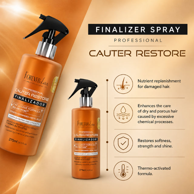 Sealed and shiny hair results after using Forever Liss Cauter Restore finishing spray – Buy now at MKPBR.COM – Worldwide Shipping