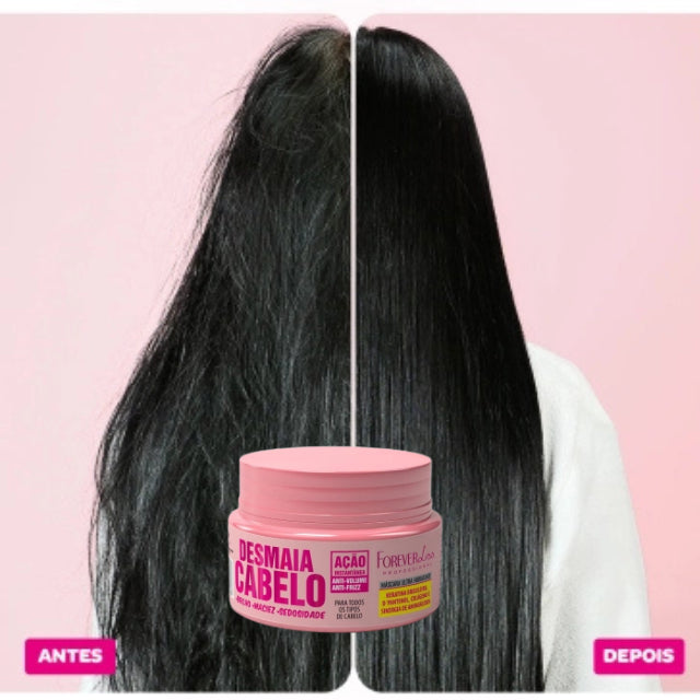 Before and after volume reduction results with Forever Liss Desmaia Cabelo mask – Buy now at MKPBR.COM – Worldwide Shipping