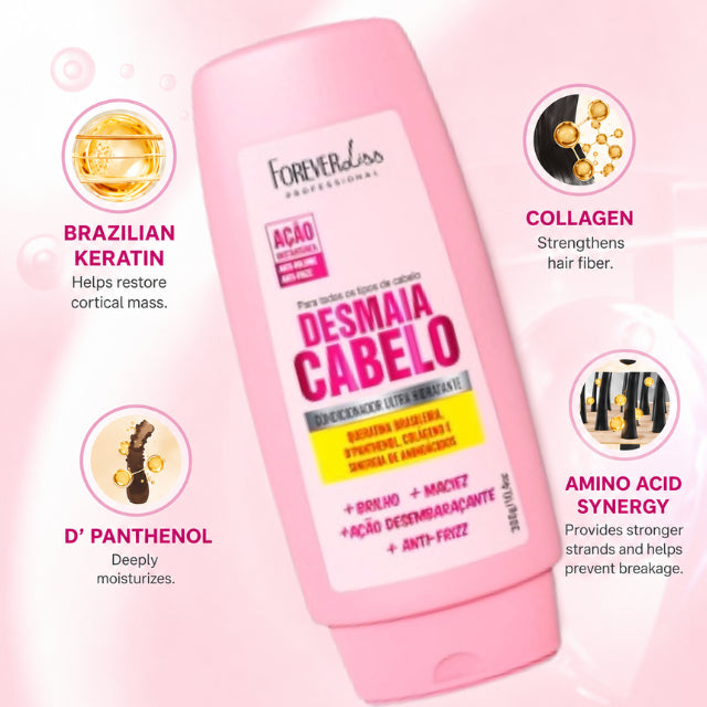 Key ingredients of Desmaia Cabelo conditioner including D-Panthenol and Keratin – Buy now at MKPBR.COM – Worldwide Shipping
