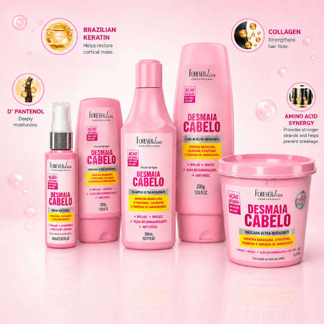 Key ingredients of Desmaia Cabelo kit including Brazilian Keratin and D-Panthenol – Buy now at MKPBR.COM – Worldwide Shipping