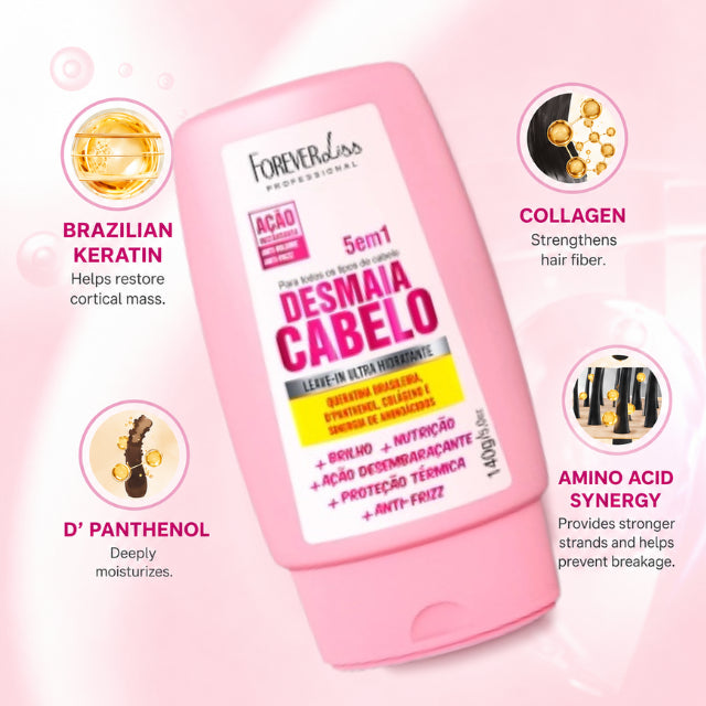 Key ingredients of Desmaia Cabelo leave-in including Collagen and D-Panthenol – Buy now at MKPBR.COM – Worldwide Shipping