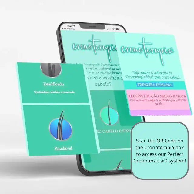 Smartphone displaying Gold Spell Co. Cronoterapia personalized system, showing QR code access for customized hair treatment plan – Buy now at MKPBR.COM - Worldwide Shipping