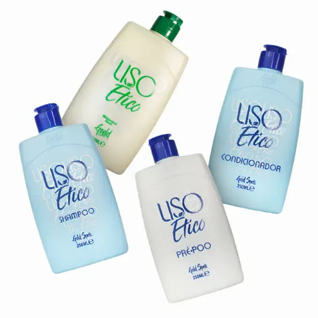 Gold Spell Co. Liso Ético Complete Bundle showing Mask, Pré-Poo, Shampoo, and Conditioner – Buy now at MKPBR.COM – Worldwide Shipping