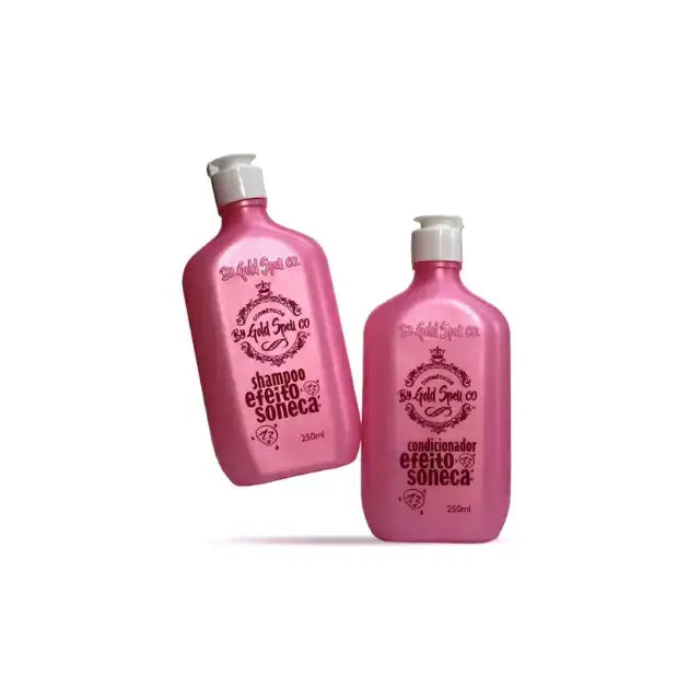 Gold Spell Co. Sleep Effect Ultra-Hydrating & Anti-Volume Shampoo and Conditioner Set (2 x 250ml) in pink bottles, floating product shot - Buy now at MKPBR.COM - Worldwide Shipping