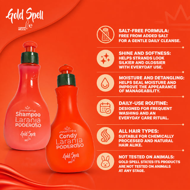 Gold Spell Laranja Poderoso Shampoo & Conditioner Duo Moisture and Softness Routine – Buy now at MKPBR.COM – Worldwide Shipping