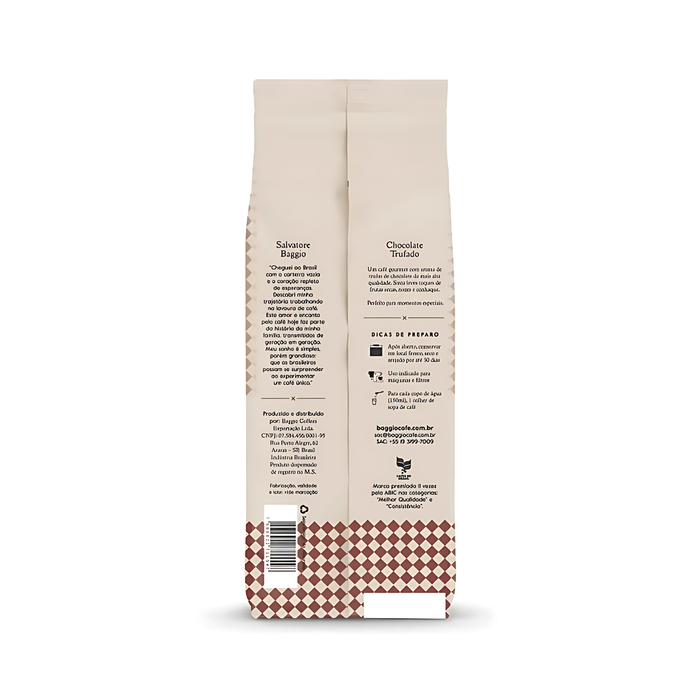 Baggio Café Chocolate Truffle Flavored Coffee with ingredients list, emphasizing 100% Arabica beans from Brazil. – Buy now at MKPBR.COM – Worldwide Shipping