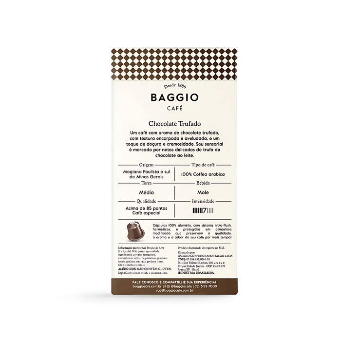 Baggio Café Chocolate Truffle flavored coffee capsules with ingredients, emphasizing 100% Arabica beans from Brazil. – Buy now at MKPBR.COM – Worldwide Shipping