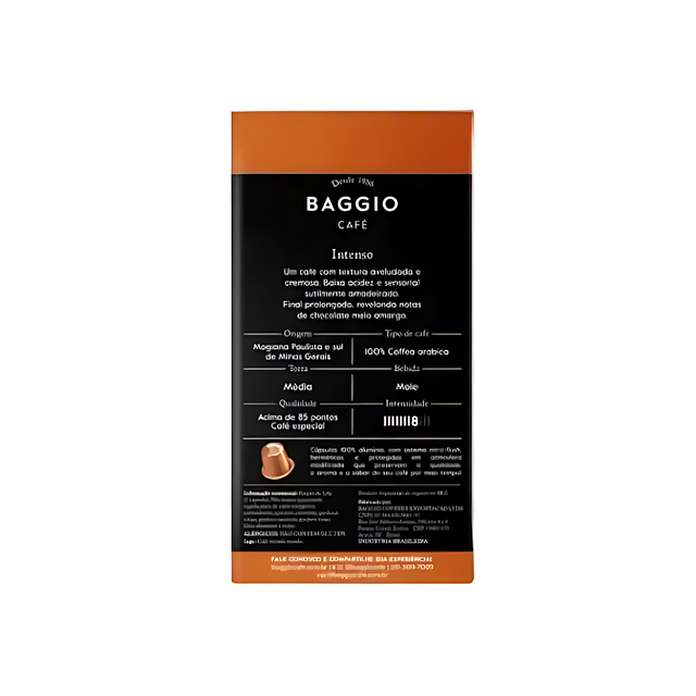 Baggio Café Intenso coffee capsules with ingredients, emphasizing 100% Arabica beans from Brazil. – Buy now at MKPBR.COM – Worldwide Shipping
