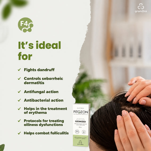 Grandha Fitozon Pure Intensity F4 Skin and Scalp Microbiota Control Oil 30ml being applied to scalp – Buy now at MKPBR.COM – Worldwide Shipping