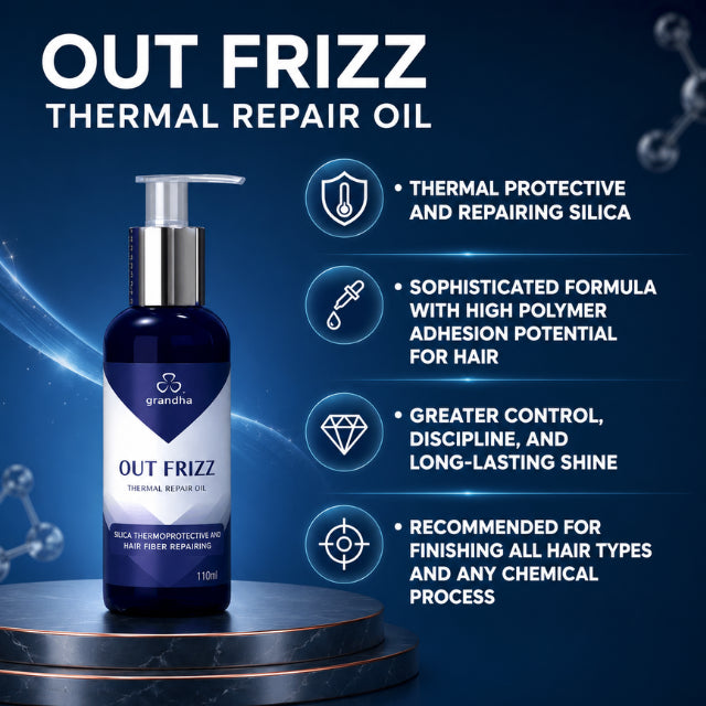 Grandha Out Frizz Thermal Repair Oil 110ml demonstrating anti-frizz smoothing action – Buy now at MKPBR.COM – Worldwide Shipping