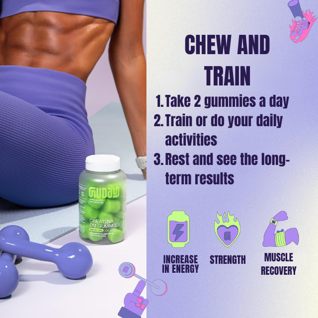 Guday Creatine Gummies (Assorted Flavors) – 60 Gummies (30 Servings), 1.5 g Creatine per Gummy – Easy Daily Performance Routine – 10.58 oz (300 g) 1.5g per gummy detail – Buy now at MKPBR.COM – Worldwide Shipping
