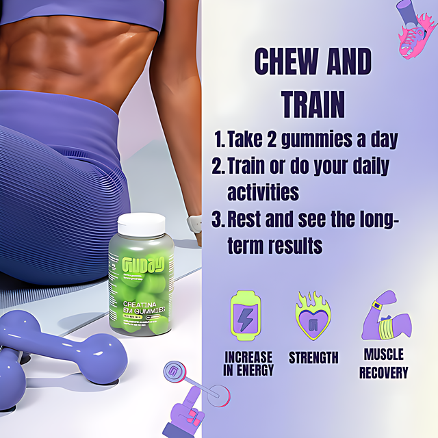 Guday Creatine Gummies (Assorted Flavors) – 60 Gummies (30 Servings), 1.5 g Creatine per Gummy – Easy Daily Performance Routine – 10.58 oz (300 g) 1.5g per gummy detail – Buy now at MKPBR.COM – Worldwide Shipping