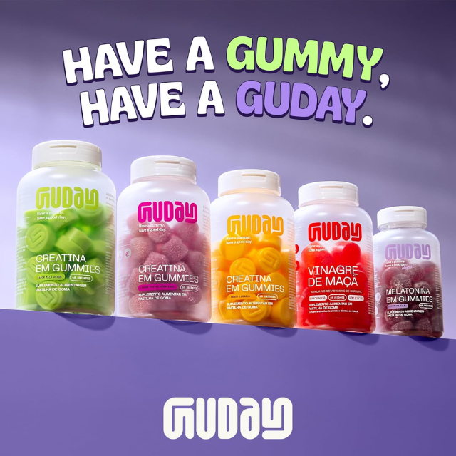 Guday Creatine Gummies (Assorted Flavors) – 60 Gummies (30 Servings), 1.5 g Creatine per Gummy – Easy Daily Performance Routine – 10.58 oz (300 g) front label – Buy now at MKPBR.COM – Worldwide Shipping