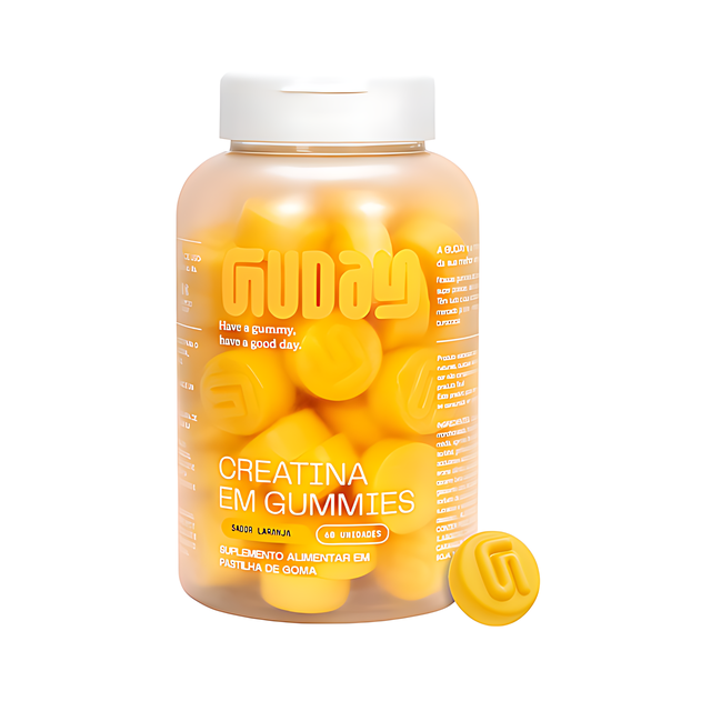 Guday Creatine Gummies Orange Flavor – 60 Gummies (30 Servings), 1.5 g Creatine per Gummy – Easy Daily Performance Routine – 10.58 oz (300 g) front label – Buy now at MKPBR.COM – Worldwide Shipping