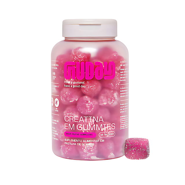 Guday Creatine Gummies Red Berries Flavor – 60 Gummies (30 Servings), 1.5 g Creatine per Gummy – Easy Daily Performance Routine – 10.58 oz (300 g) front label – Buy now at MKPBR.COM – Worldwide Shipping
