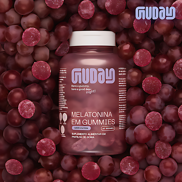 Guday Melatonin Gummies (Purple Grape) – 60 Gummies, 0.21 mg Melatonin per Gummy – Nighttime Routine Support – 2.12 oz (60 g) Brazilian wellness brand shot – Buy now at MKPBR.COM – Worldwide Shipping