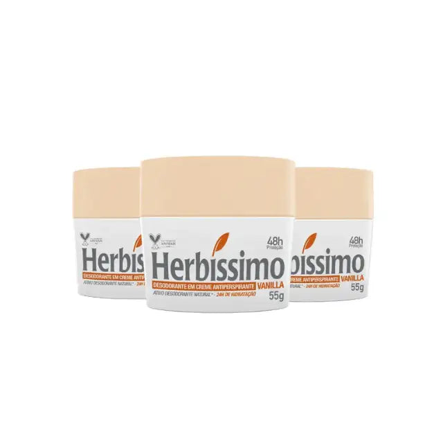 Herbíssimo Vanilla Antiperspirant Cream Deodorant Kit 3 Units – 48H Protection – Buy now at MKPBR.COM – Worldwide Shipping