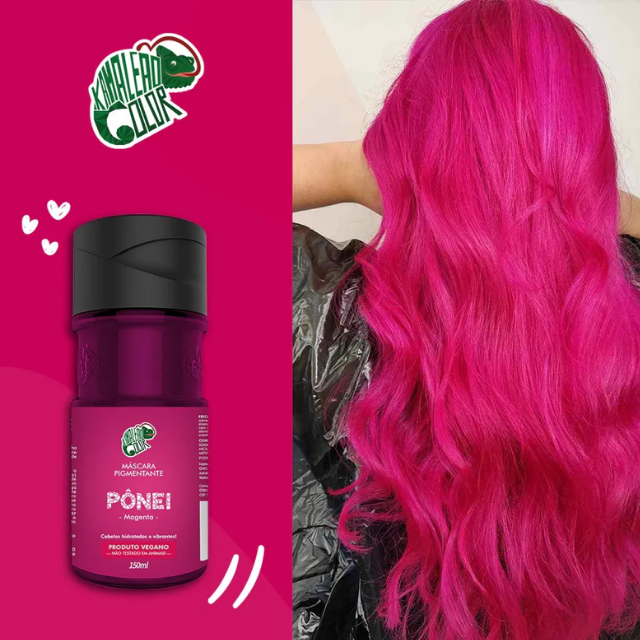 Lifestyle image of a woman with radiant magenta pink hair achieved with Kamaleão Color Pônei – Buy now at MKPBR.COM – Worldwide Shipping