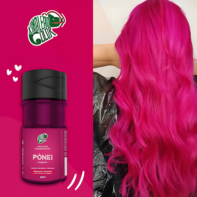 Lifestyle image of a woman with radiant magenta pink hair using Kamaleão Color Pônei
