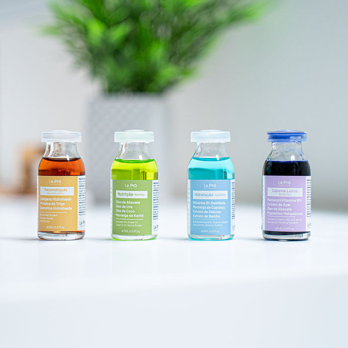 Le Prö ampoule kit packaging showing hydration, nutrition, reconstruction and blond doses – Buy now at MKPBR.COM – Worldwide Shipping