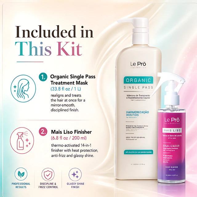 Le Prö Organic Treatment Mask 1L + Mais Liso Smoothing Finisher Brazilian hair care kit – full kit packaging – Buy now at MKPBR.COM – Worldwide Shipping