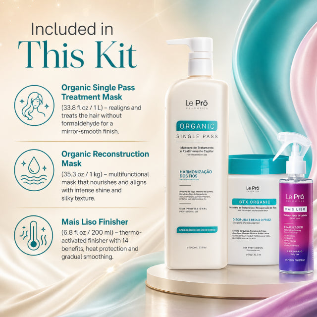Le Prö Organic Treatment + Reconstruction + Mais Liso Brazilian hair care kit – full kit packaging – Buy now at MKPBR.COM – Worldwide Shipping
