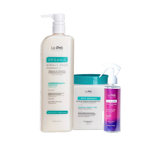 Le Prö Organic Treatment + Reconstruction + Mais Liso Brazilian hair care kit – full kit packaging – Buy now at MKPBR.COM – Worldwide Shipping