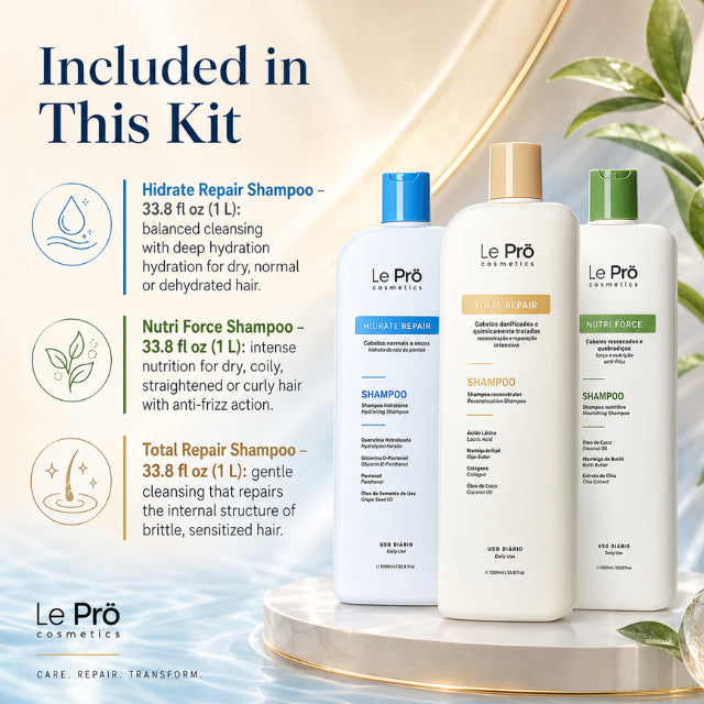 Le Prö Hair Care Schedule shampoo kit with three 1L Brazilian shampoos – Buy now at MKPBR.COM – Worldwide Shipping
