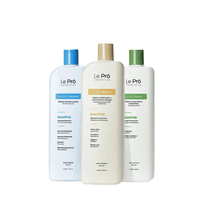 Le Prö Hair Care Schedule shampoo kit with three 1L Brazilian shampoos – Buy now at MKPBR.COM – Worldwide Shipping