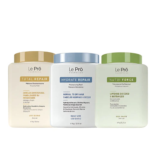 Le Prö Professional Hair Care Schedule Brazilian 3-Piece Kit with 1kg Masks – Buy now at MKPBR.COM – Worldwide Shipping