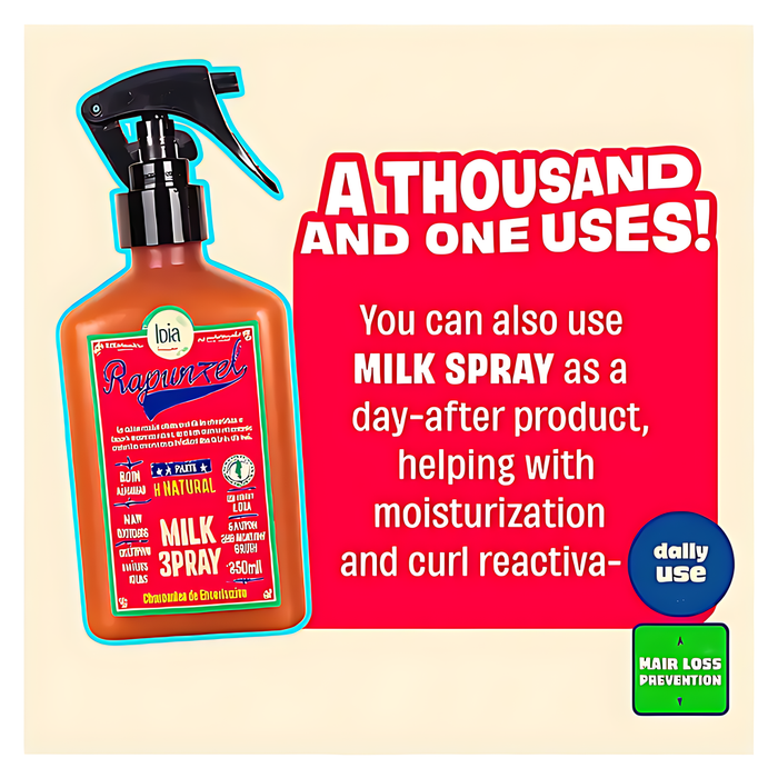 Graphic showing the multifunctional benefits and daily uses of Lola Cosmetics Rapunzel Milk Leave-in Spray 250ml - mkpbr.com