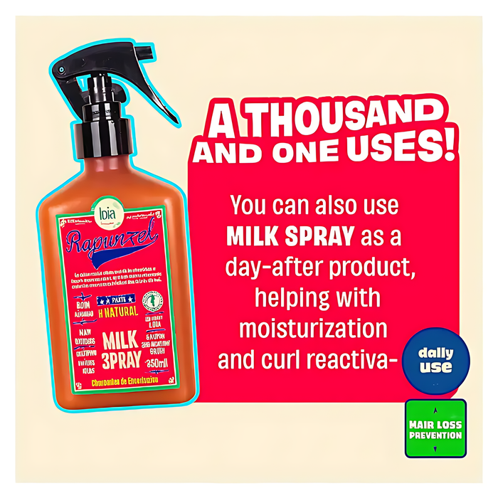 Graphic showing the multifunctional benefits and daily uses of Lola Cosmetics Rapunzel Milk Leave-in Spray 250ml - mkpbr.com