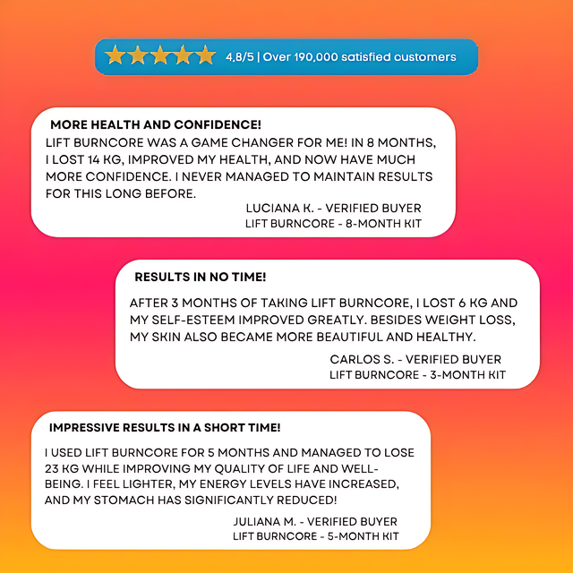 Customer testimonials for Lift BurnCore showing a 4.8/5 rating from over 190,000 satisfied customers, with verified buyers sharing success stories of losing 14kg, 6kg, and 23kg, improving health and confidence.– Buy now at MKPBR.COM – Worldwide Shipping