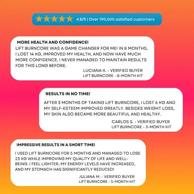 Customer testimonials for Lift BurnCore showing a 4.8/5 rating from over 190,000 satisfied customers, with verified buyers sharing success stories of losing 14kg, 6kg, and 23kg, improving health and confidence.– Buy now at MKPBR.COM – Worldwide Shipping