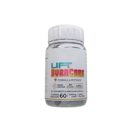 Frontal view of Lift BurnCore Natural Weight Management Support Supplement bottle, containing 60 powerful capsules – Buy now at MKPBR.COM – Worldwide Shipping