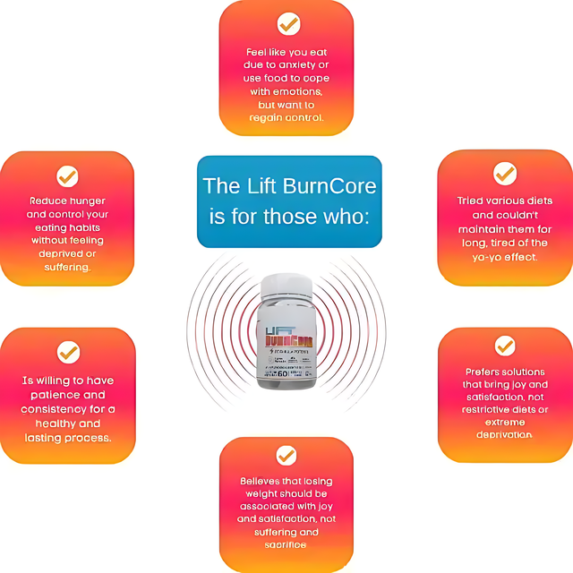 Lift BurnCore targets individuals struggling with emotional eating, yo-yo dieting, or seeking natural weight loss solutions that reduce hunger and provide lasting results without deprivation or sacrifice. – Buy now at MKPBR.COM – Worldwide Shipping