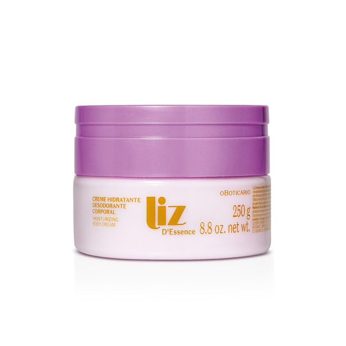 O Boticário Liz D'Essence Deodorant Body Cream 250 g purple lidded jar front packshot with gold Liz logo – Buy now at MKPBR.COM – Worldwide Shipping