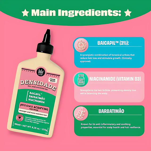 Lola From Rio Densidade pH Balancing Acidifying Treatment ingredients highlighting Niacinamide, Baicapil™, Barbatimão for hair strength – Buy now at MKPBR.COM – Worldwide Shipping