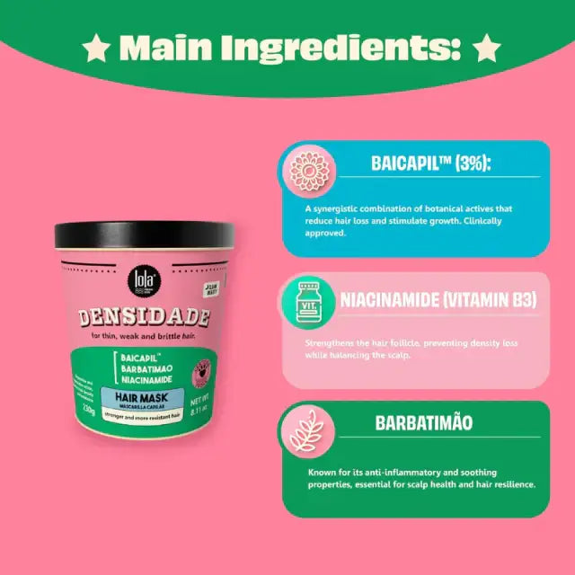 Lola From Rio Densidade Restorative Hair Mask main ingredients: Baicapil, Niacinamide, Barbatimão for hair health and growth – Buy now at MKPBR.COM – Worldwide Shipping