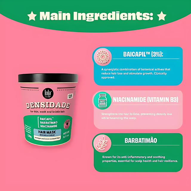 Lola From Rio Densidade Restorative Hair Mask main ingredients: Baicapil complex and Niacinamide for stronger, fuller hair – Buy now at MKPBR.COM – Worldwide Shipping