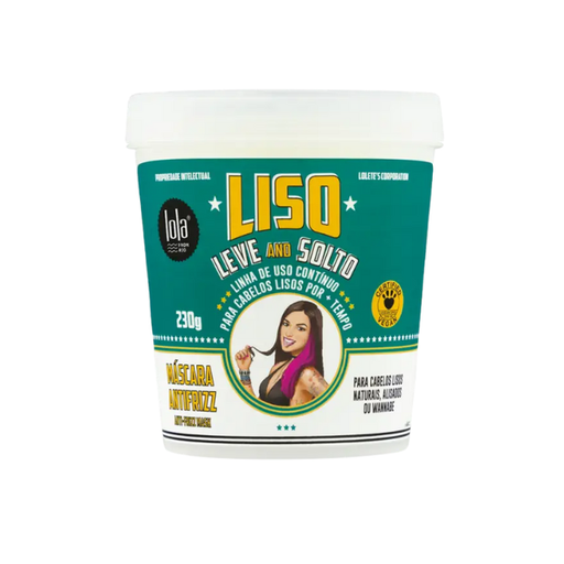 Lola from rio liso, leve and solto anti-frizz hair mask 8.11 oz 230g jar front view–buy now at mkpbr.com–worldwide shipping