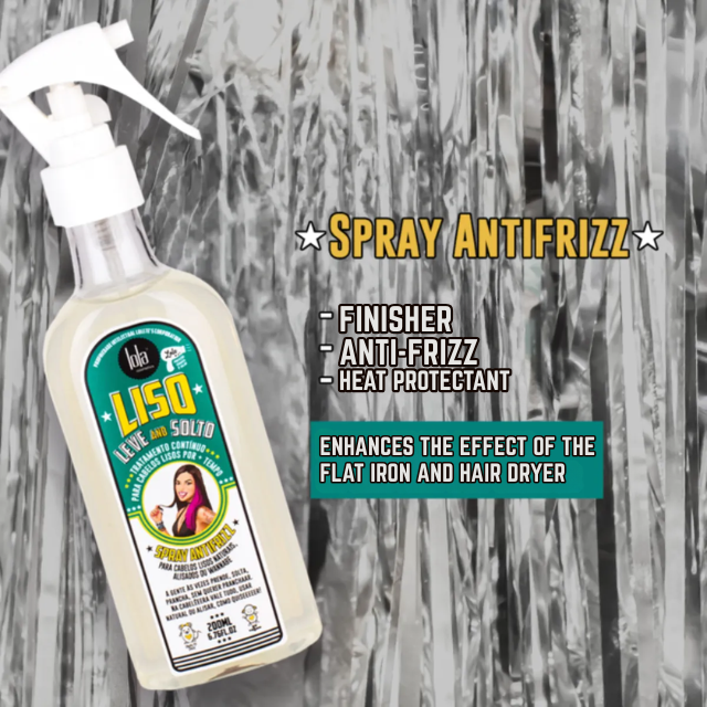 Lola from rio liso, leve and solto spray alisador anti-frizz thermoactive formula for straight hair packaging design–buy now at mkpbr.com–worldwide shipping